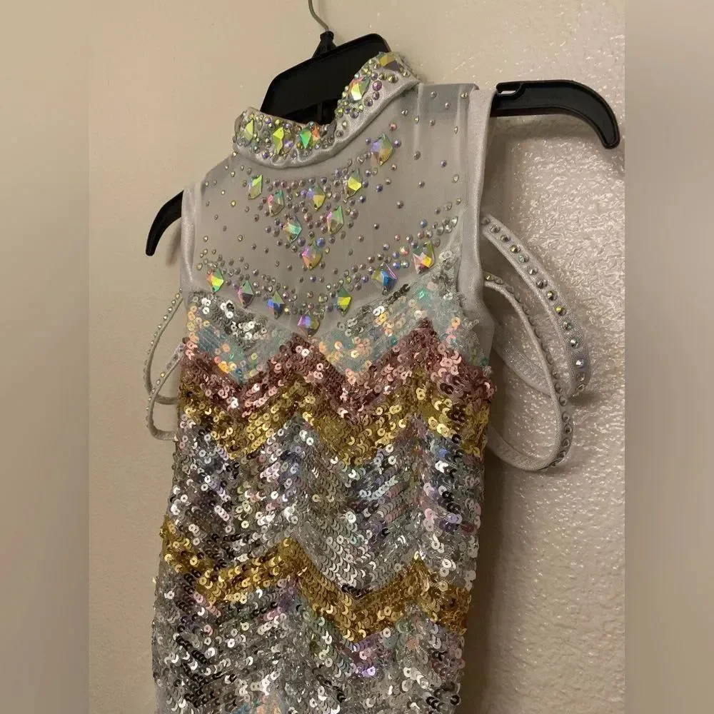 Glamour solo dance costume jazz sassy silver sequin rhinestoned feather SA adult